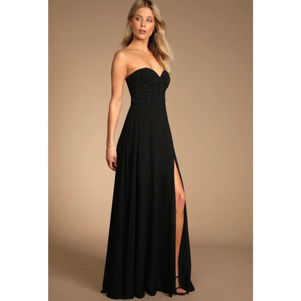 Lulus Remember This Moment Black Rhinestone Strapless Bustier Maxi Dress M - Picture 4 of 14